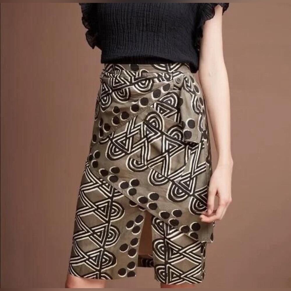 Maeve Anthropologie Faux Wrap Skirt Women 2 Grey Black Tribal Print‎ Excellent